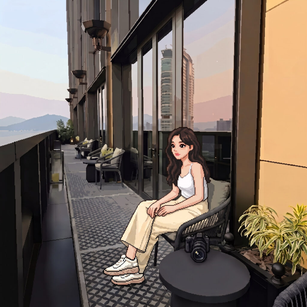 Rosewood Hong KongのManor Clubで夕焼けを見ている私